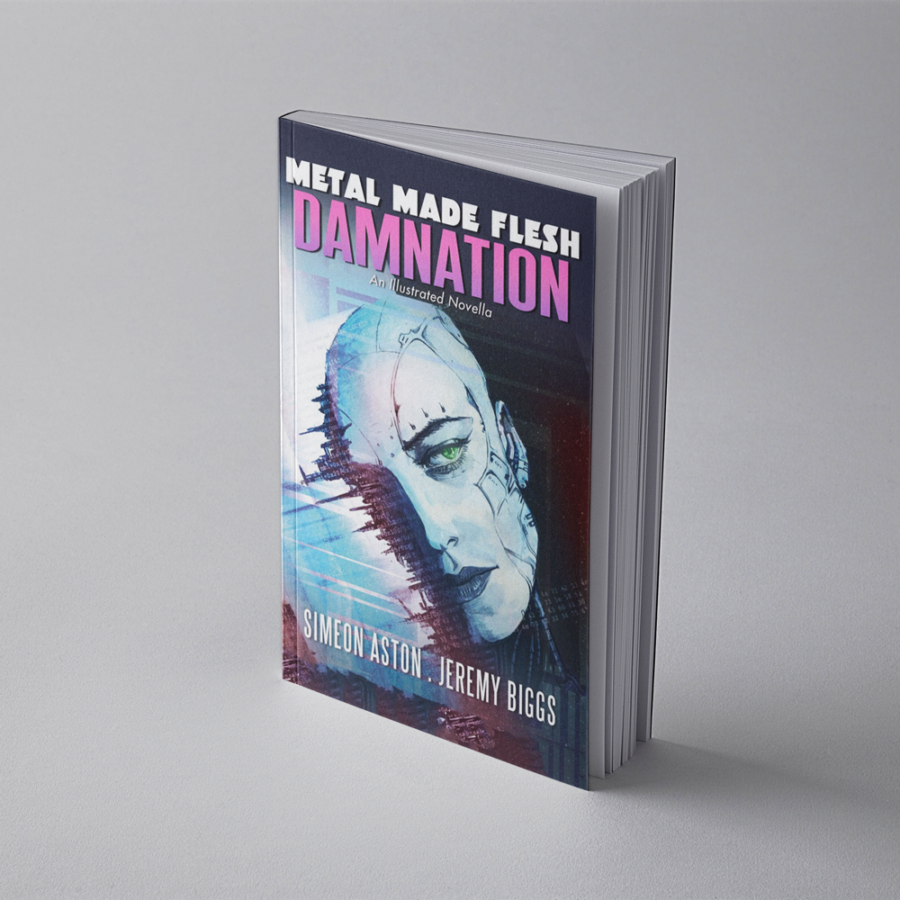 The Book, Metal made Flesh: Damnation is resting on a grey surface. The cyborg Izobel Vice is on the cover, looking whistfully to the right. Half of her face is merged with the city of Tuaoni. 